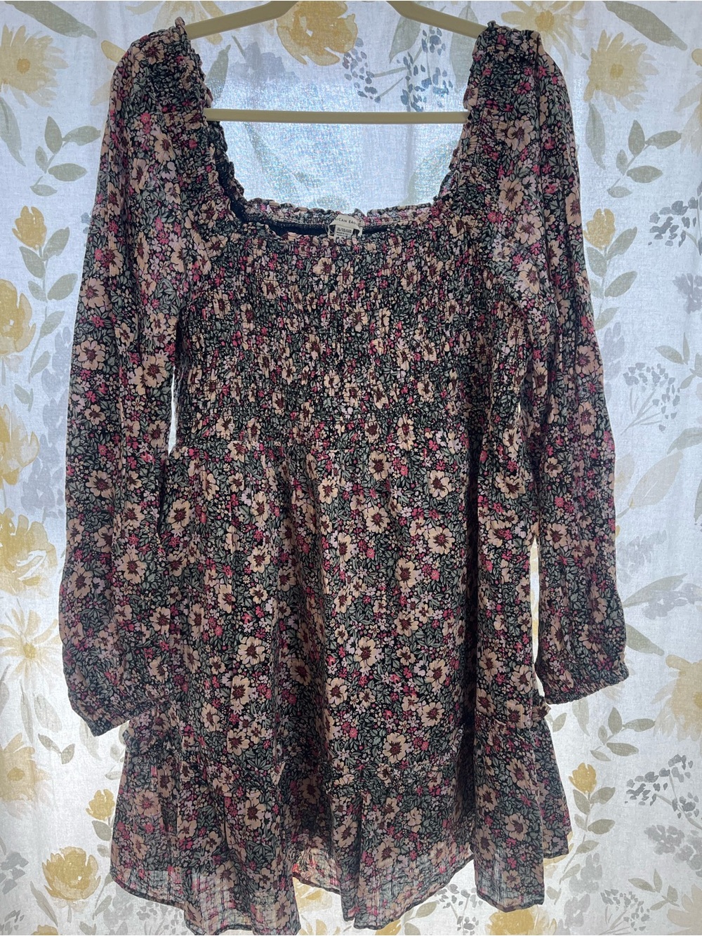 American Eagle Outfitters Floral Smocked Black Dress with Pink and Cream Flowers
